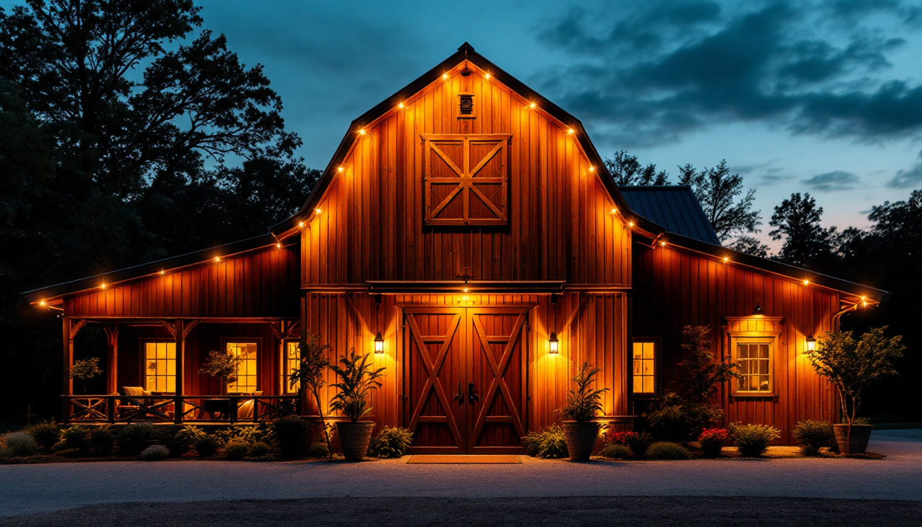 A photograph of a beautifully illuminated barn exterior at dusk