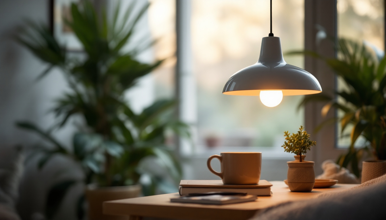 A photograph of a beautifully designed solar-powered pendant lamp illuminated in a cozy indoor setting