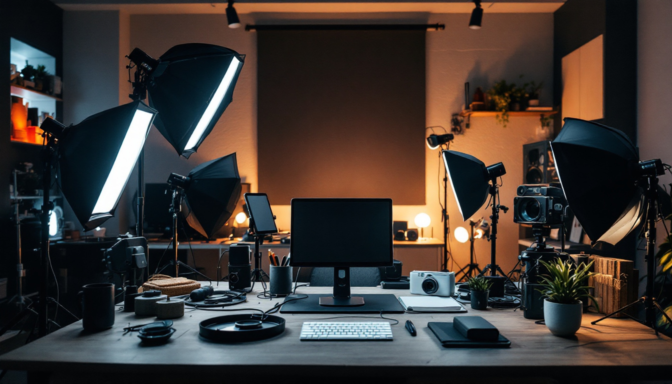 A photograph of a well-organized lighting setup in a dynamic workspace