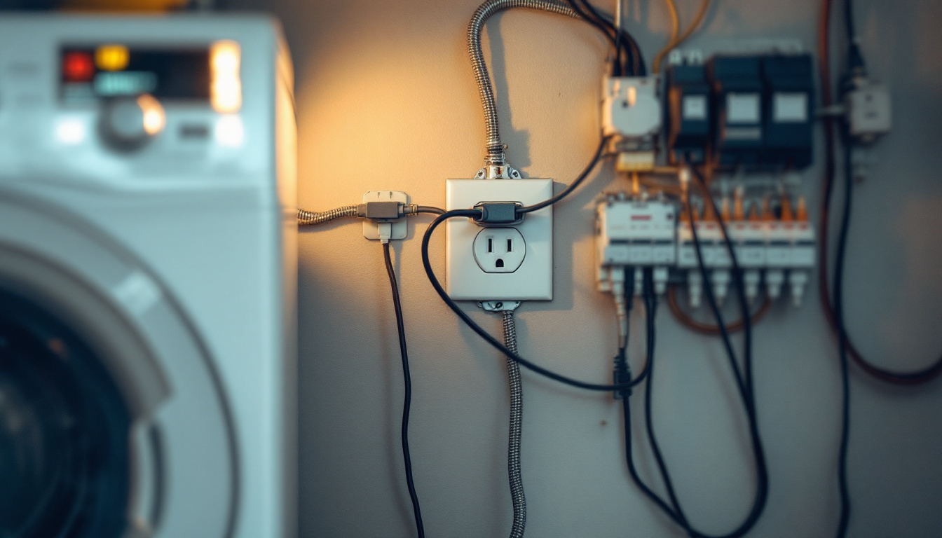A photograph of a washing machine plugged into a dedicated electrical outlet