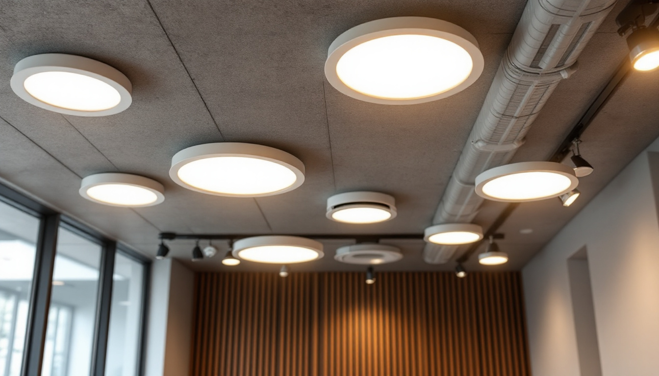 A photograph of a variety of recessed can lights of different sizes and styles installed in a modern ceiling
