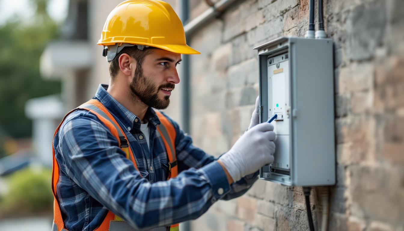 A photograph of a skilled electrical engineer examining a wall pack fixture installation in an outdoor setting