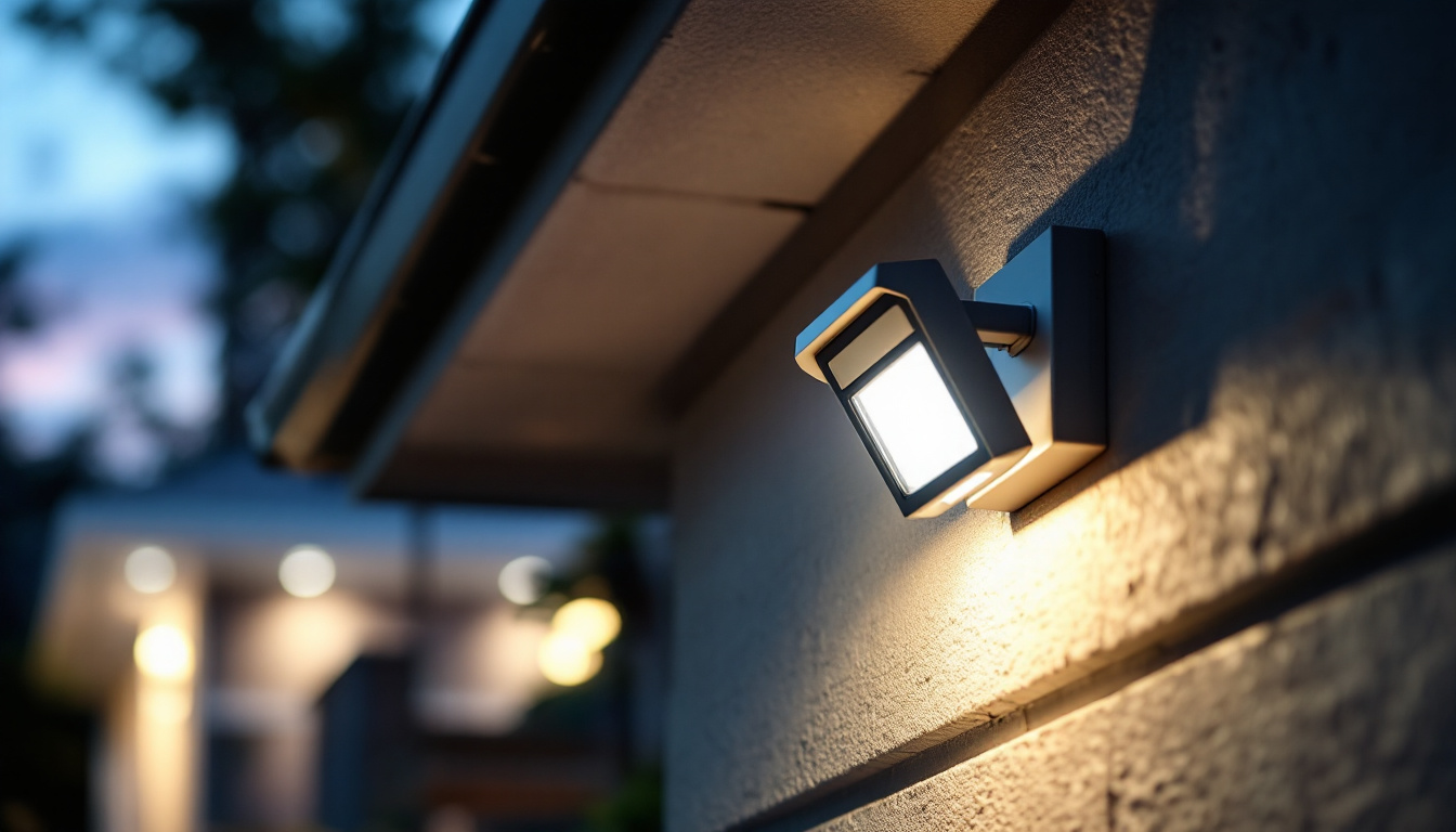 A photograph of a dusk-to-dawn security light installed in a residential setting
