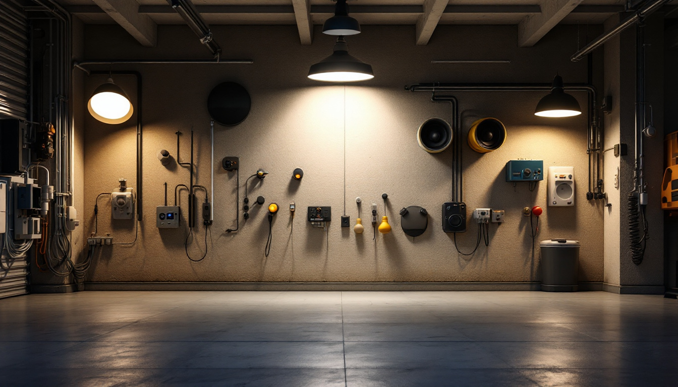 A photograph of a well-lit garage interior showcasing various types of wall lights