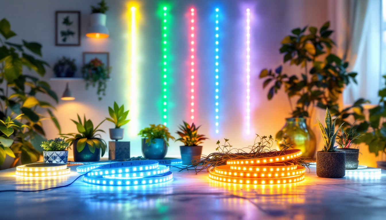 A photograph of a vibrant display of various led strip lights in a home or commercial setting