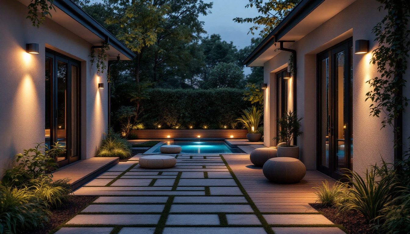 A photograph of a well-lit outdoor space showcasing various types of stylish outdoor lighting fixtures in use