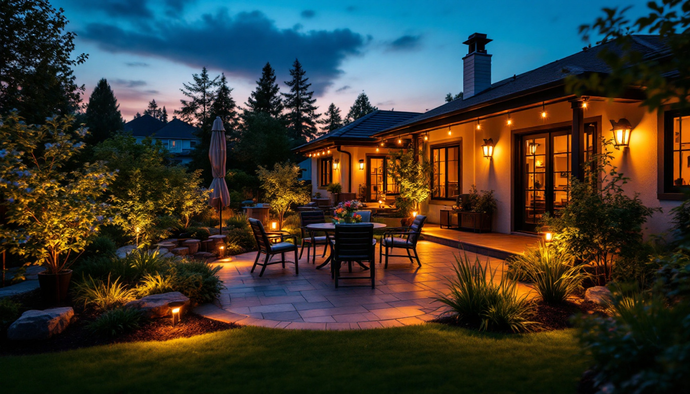 A photograph of a beautifully illuminated patio at dusk