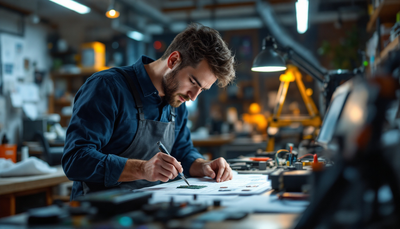 A photograph of an electrical engineer in a dynamic workspace