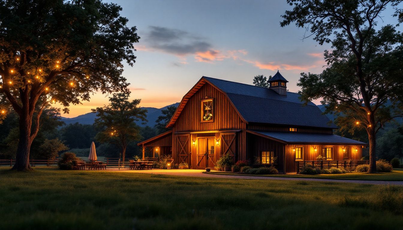 A photograph of a beautifully illuminated outdoor barn scene at dusk