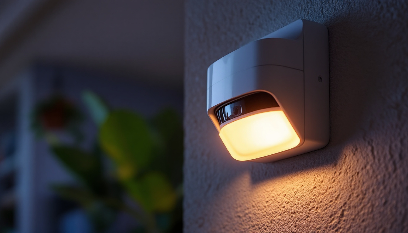 A photograph of a modern motion light detector installed in a residential or commercial setting