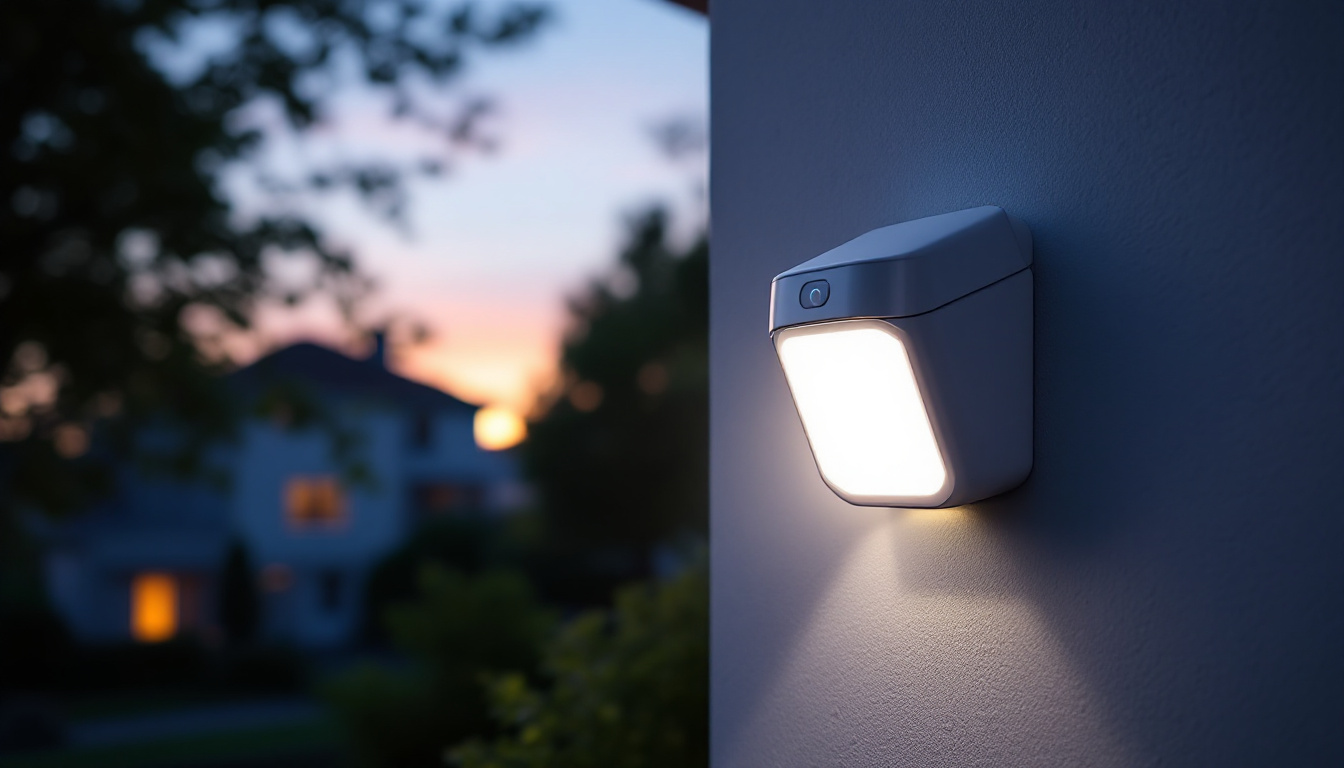 A photograph of a well-designed outdoor motion security light installed in a residential setting at dusk