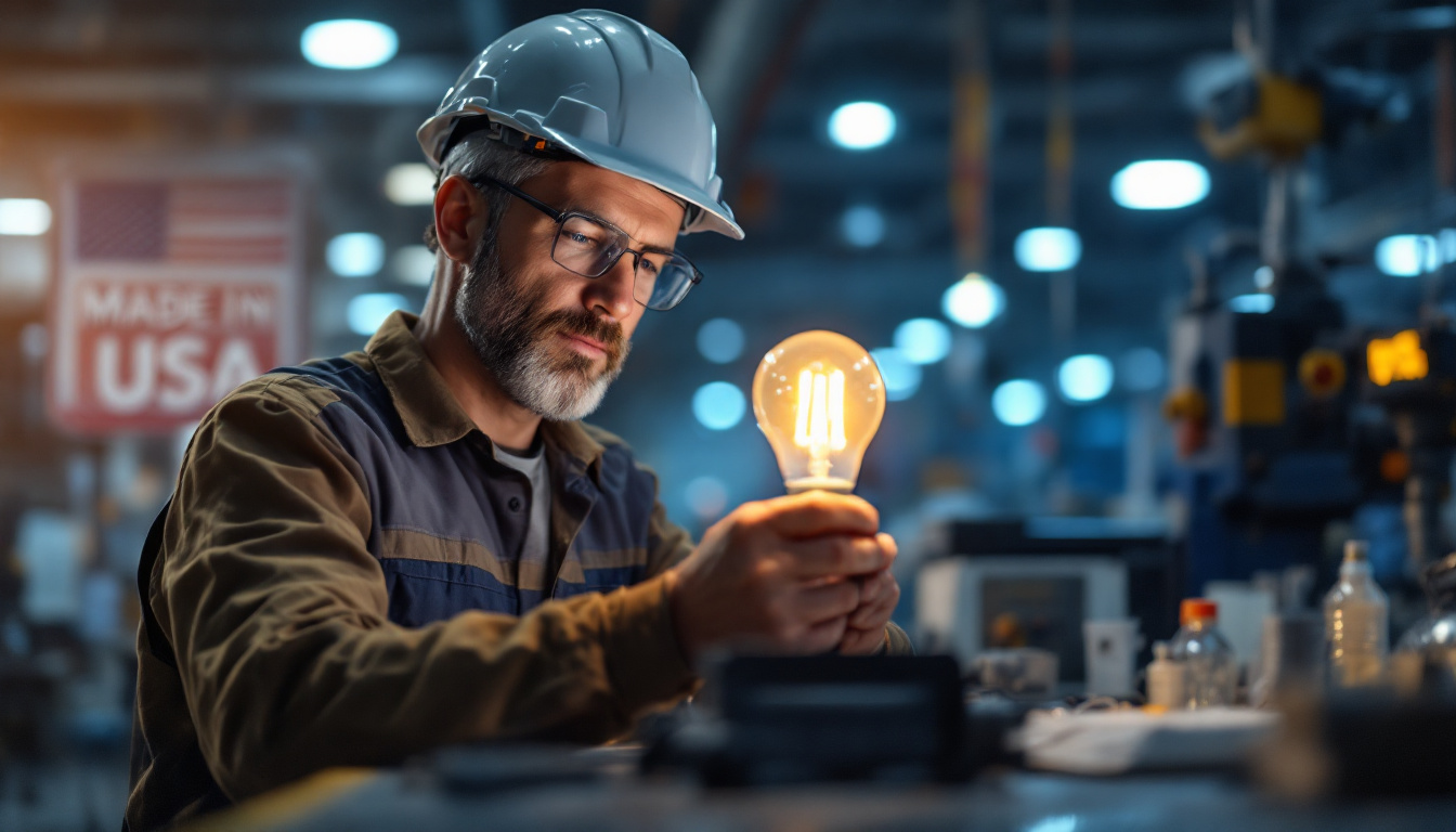 A photograph of a skilled electrical engineer inspecting a high-quality led bulb