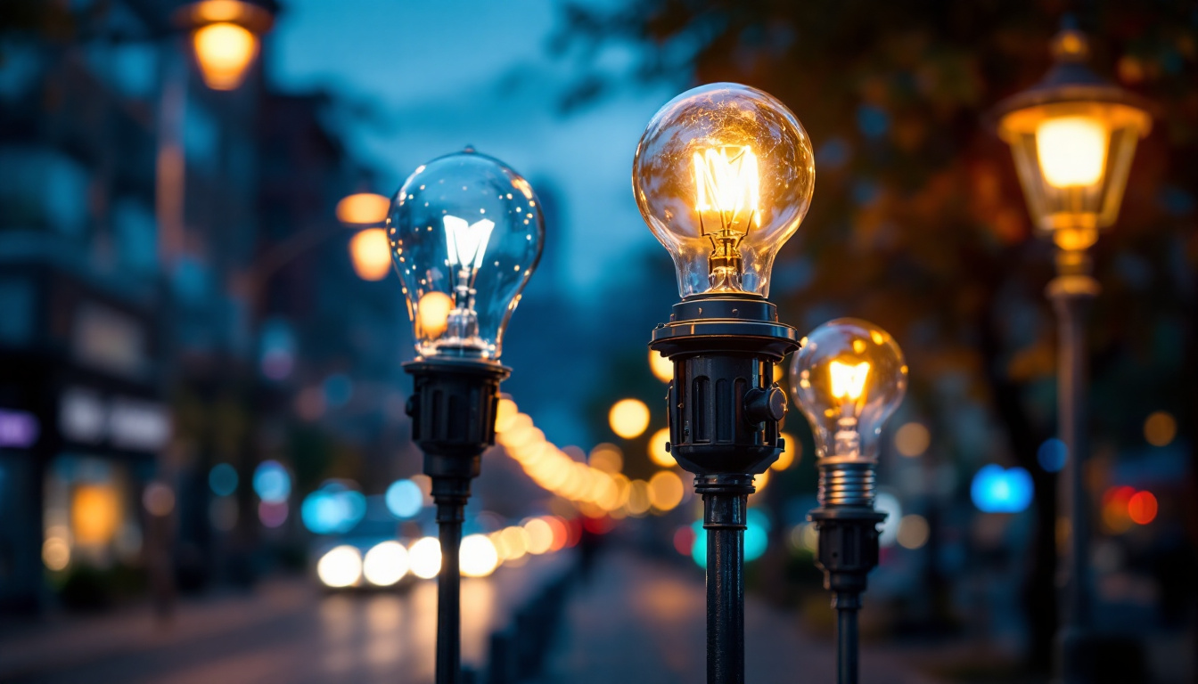 A photograph of a close-up of various types of street lamp light bulbs