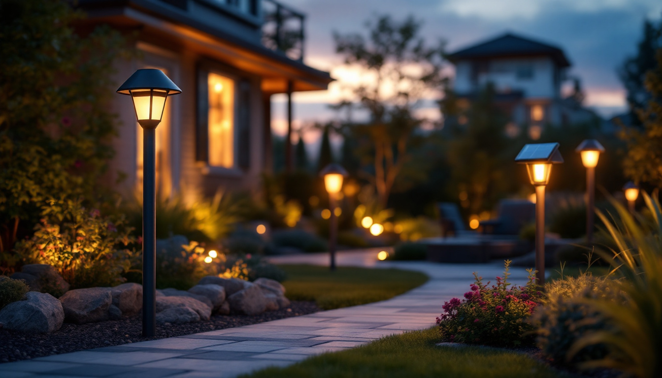 A photograph of a beautifully landscaped outdoor space illuminated by stylish solar-powered exterior lights at dusk