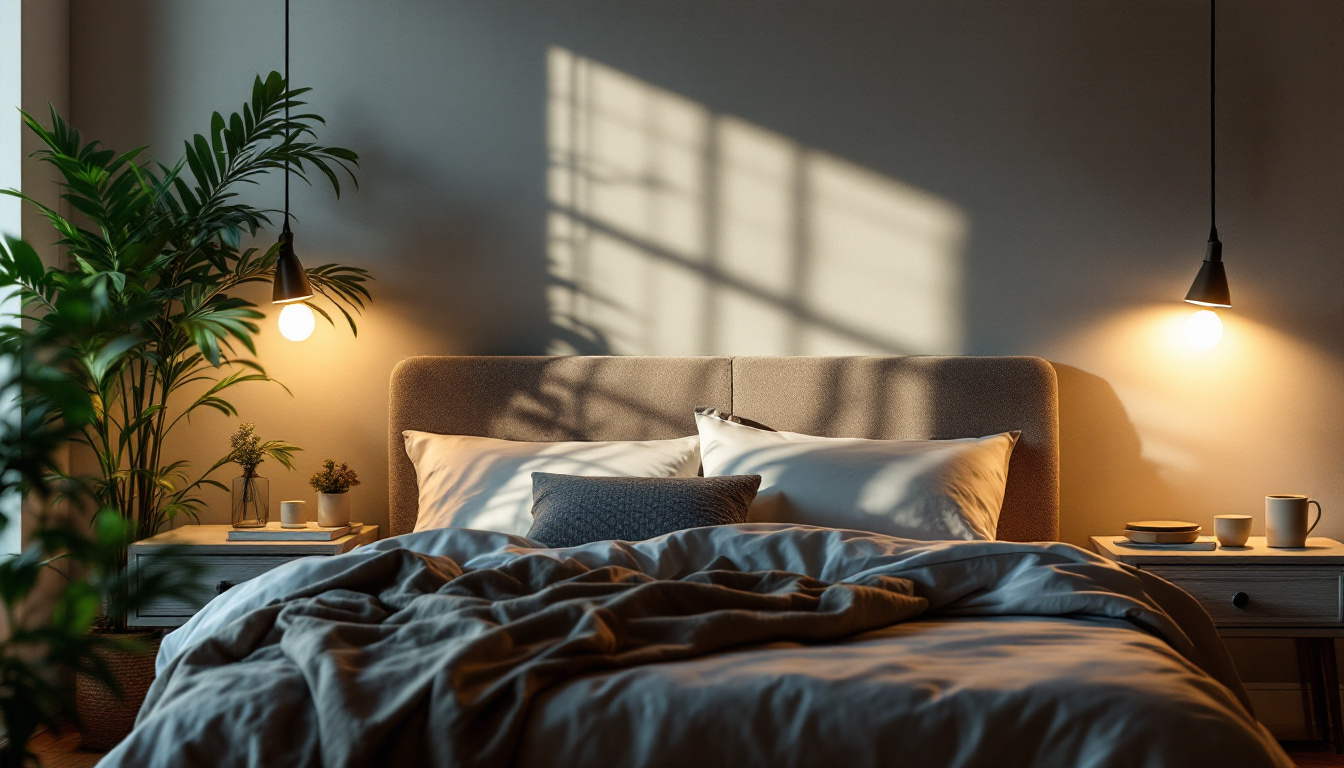 A photograph of a beautifully designed bedroom featuring stylish over-the-bed lighting