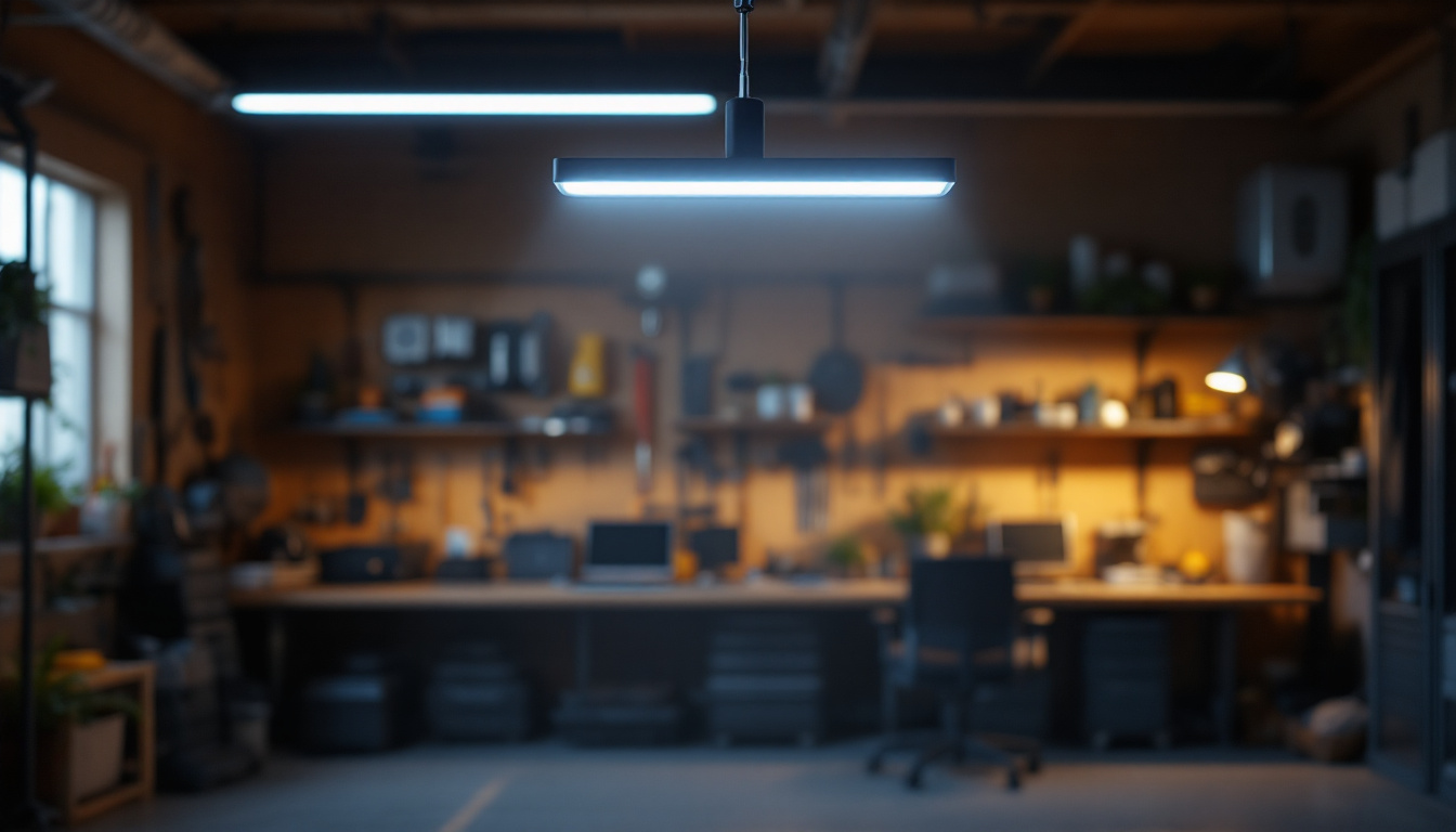 A photograph of a well-lit garage showcasing a modern led light fixture