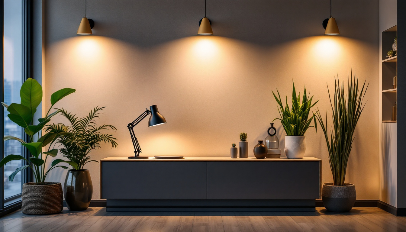 A photograph of a well-designed interior space featuring three strategically placed led pot lights