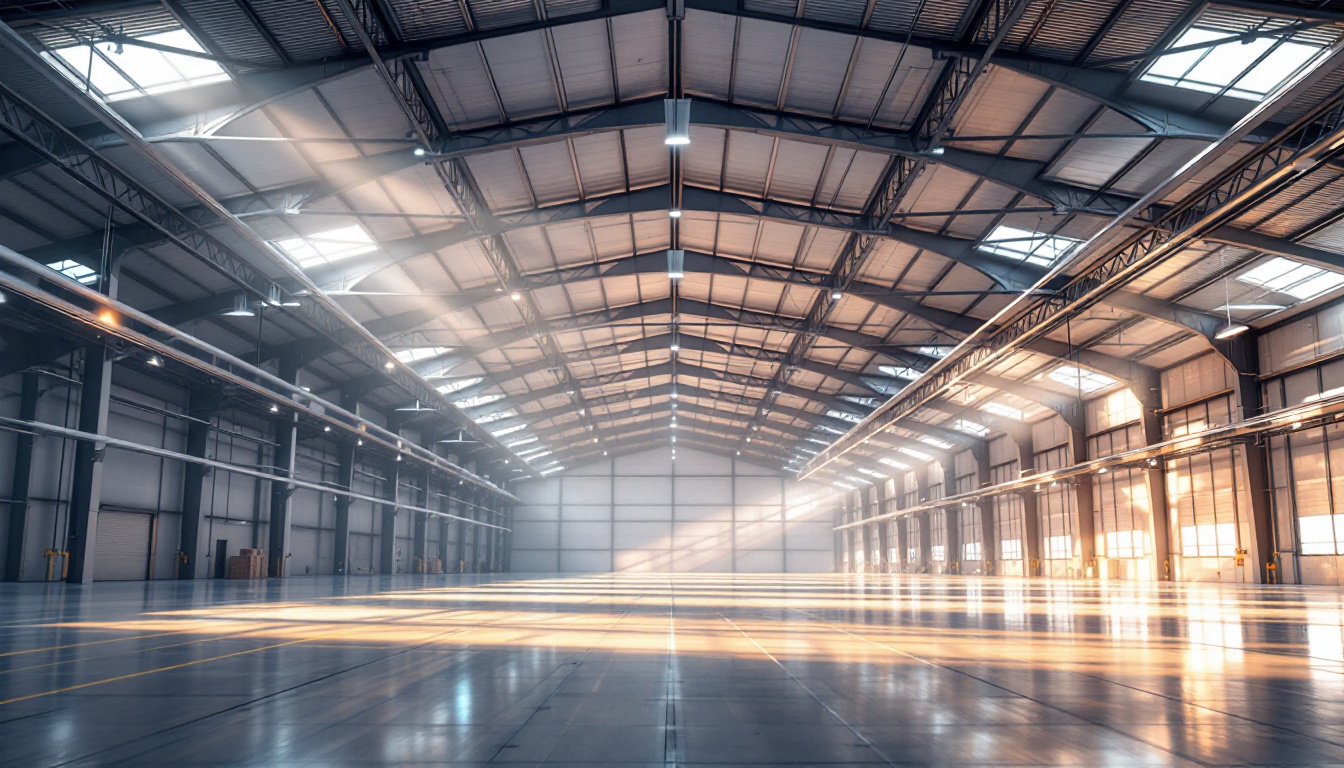 A photograph of a spacious warehouse interior showcasing high
