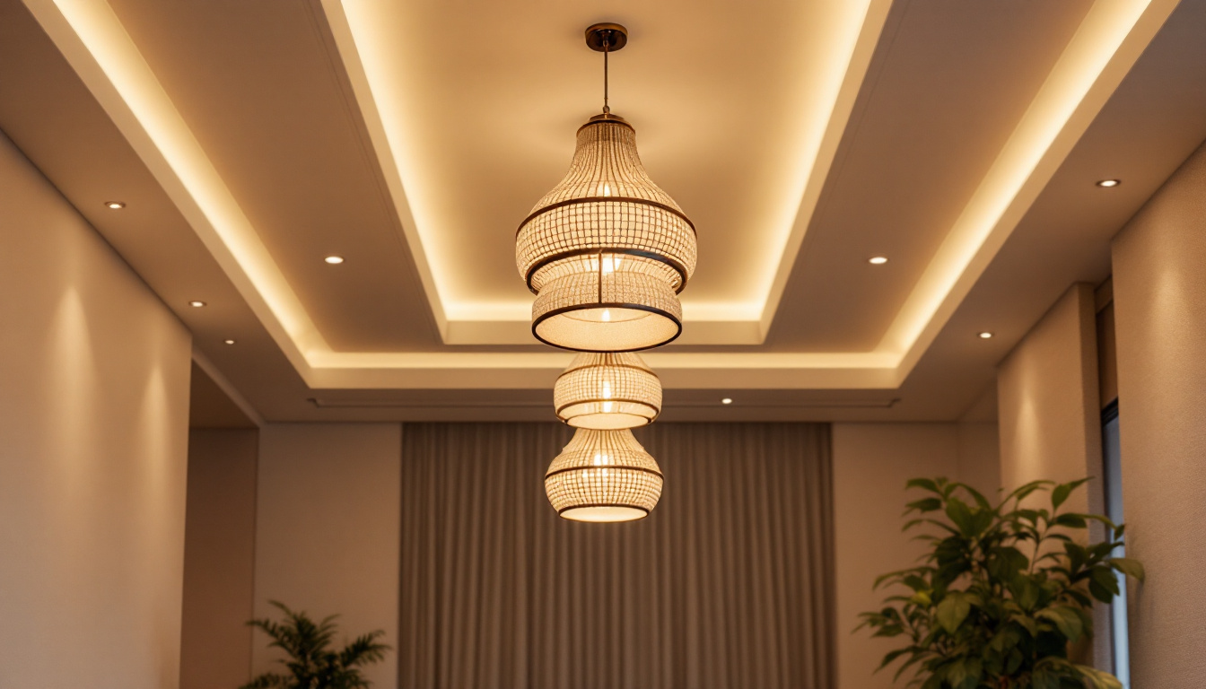 A photograph of a modern interior space showcasing an elegant false ceiling illuminated by stylish pendant lamps