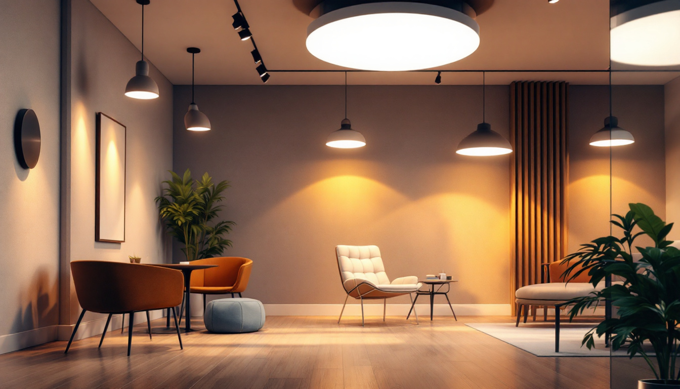 A photograph of a well-lit interior space showcasing various lighting fixtures with adjustable trim options