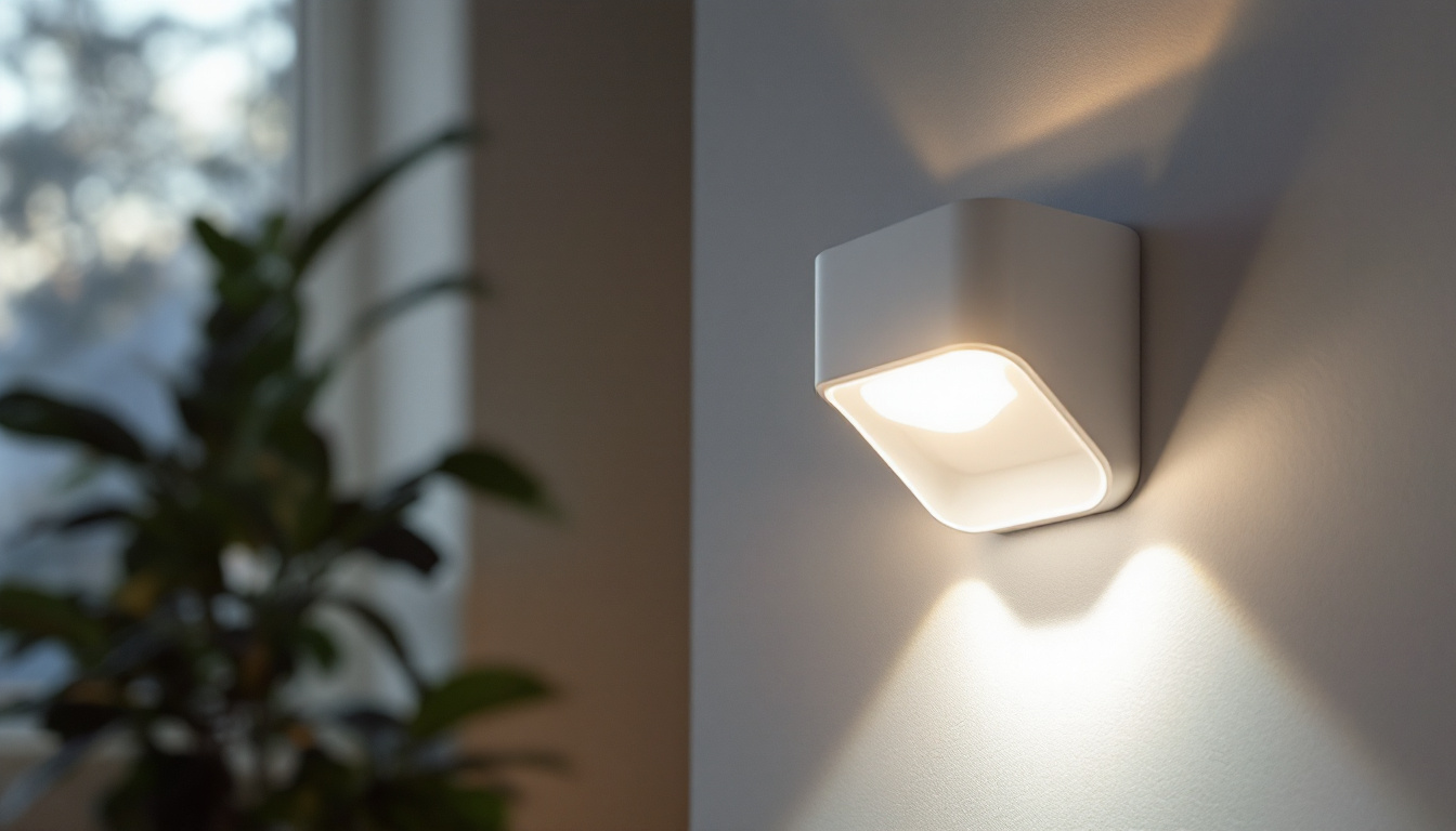 A photograph of a modern motion sensor light fixture in a softly lit environment