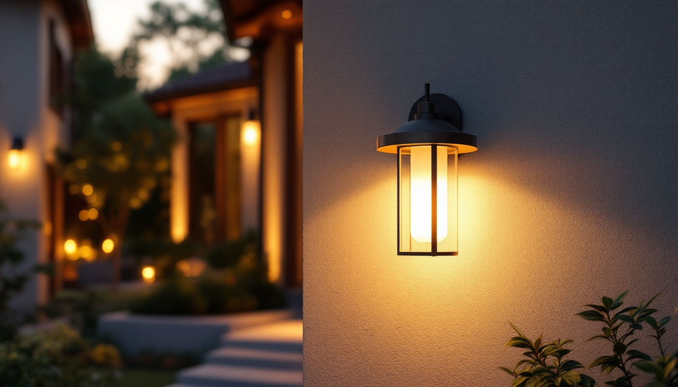 A photograph of a stylish and functional outdoor wall-mounted light fixture illuminating a beautifully landscaped entrance or patio