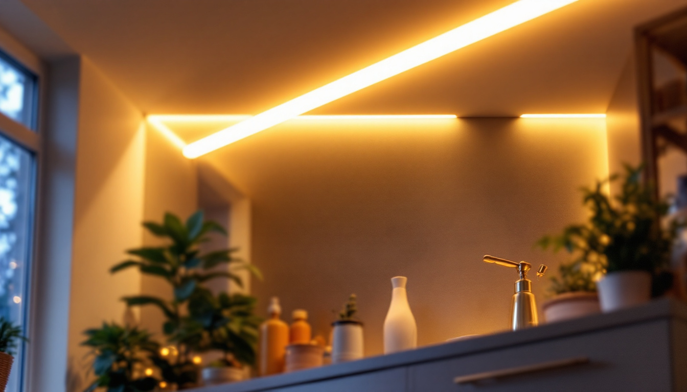 A photograph of a well-lit space featuring a 3-foot led strip light installed along a ceiling or under cabinetry