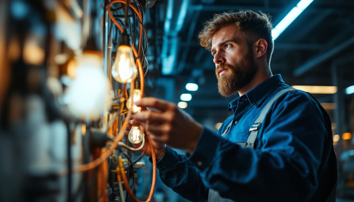 A photograph of a technician examining a 4 lamp ballast installation in a commercial lighting setting