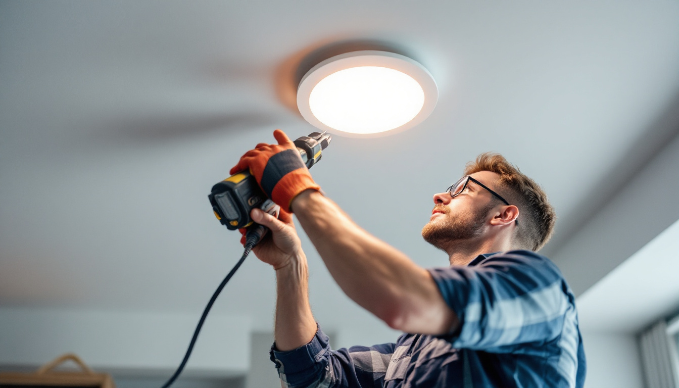 A photograph of a skilled electrical engineer installing a 6-inch recessed light fixture in a modern ceiling