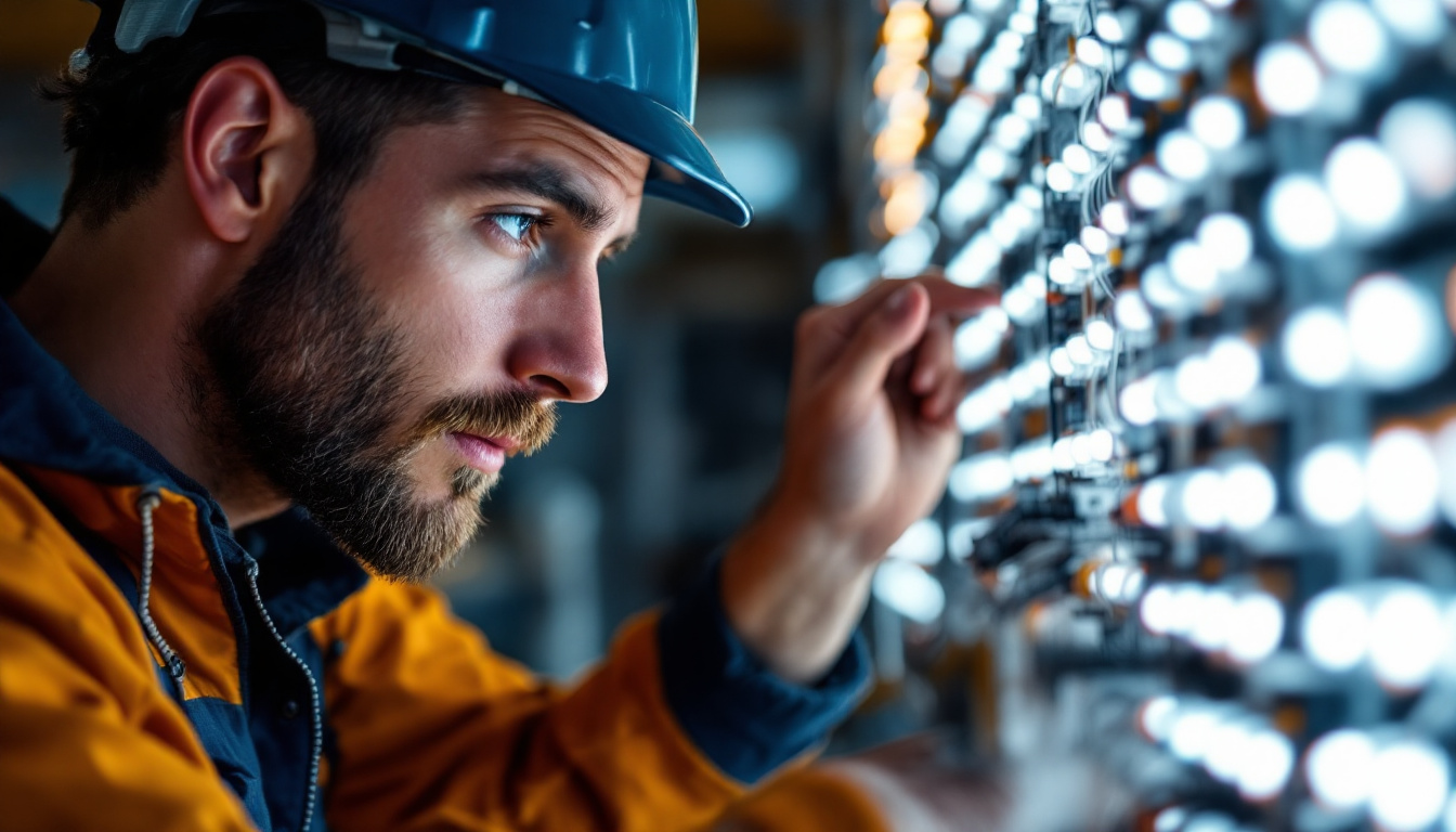 A photograph of a close-up shot of an electrical engineer examining a complex led grid light setup