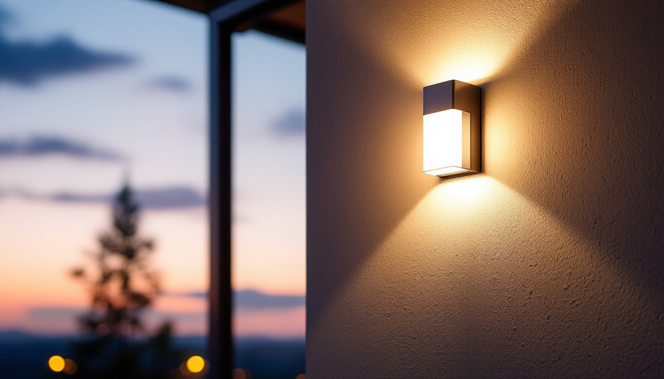 A photograph of capture a photograph of a stylish outdoor led wall sconce illuminating a modern exterior space
