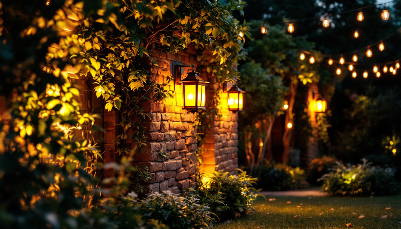 A photograph of a beautifully illuminated outdoor setting featuring solar lantern wall lights in use