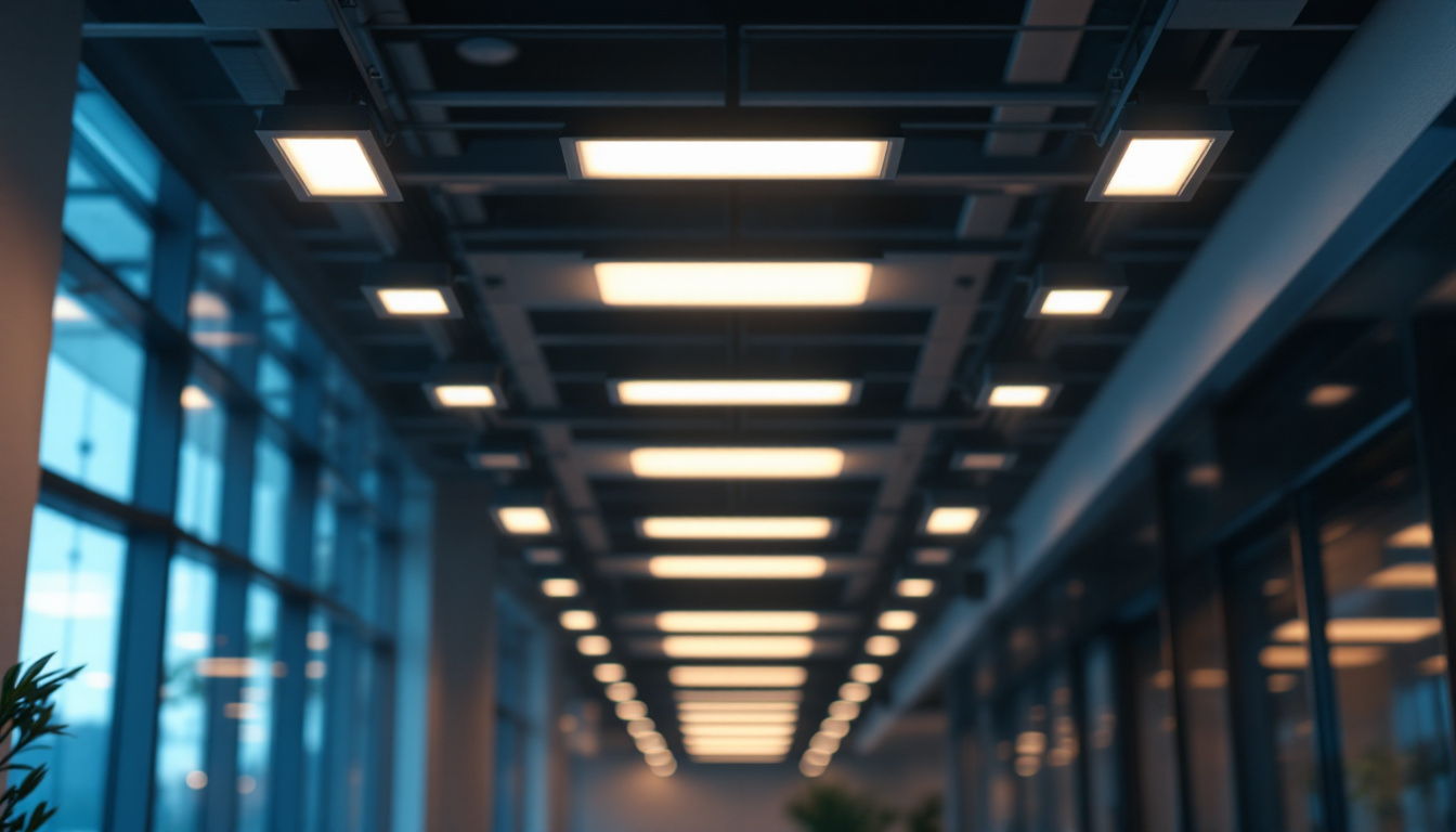 A photograph of a well-lit interior space featuring led flat lighting fixtures