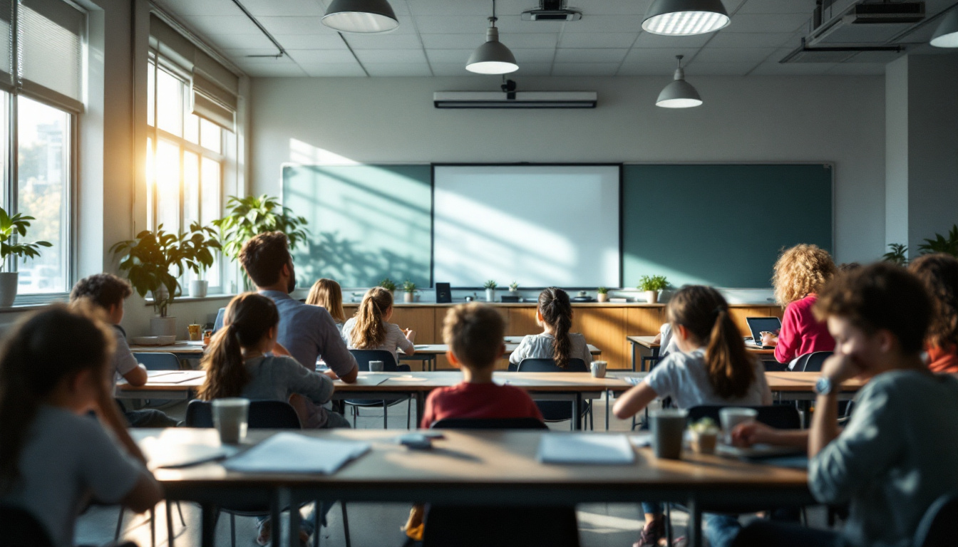 A photograph of a well-lit classroom environment showcasing a variety of lighting fixtures