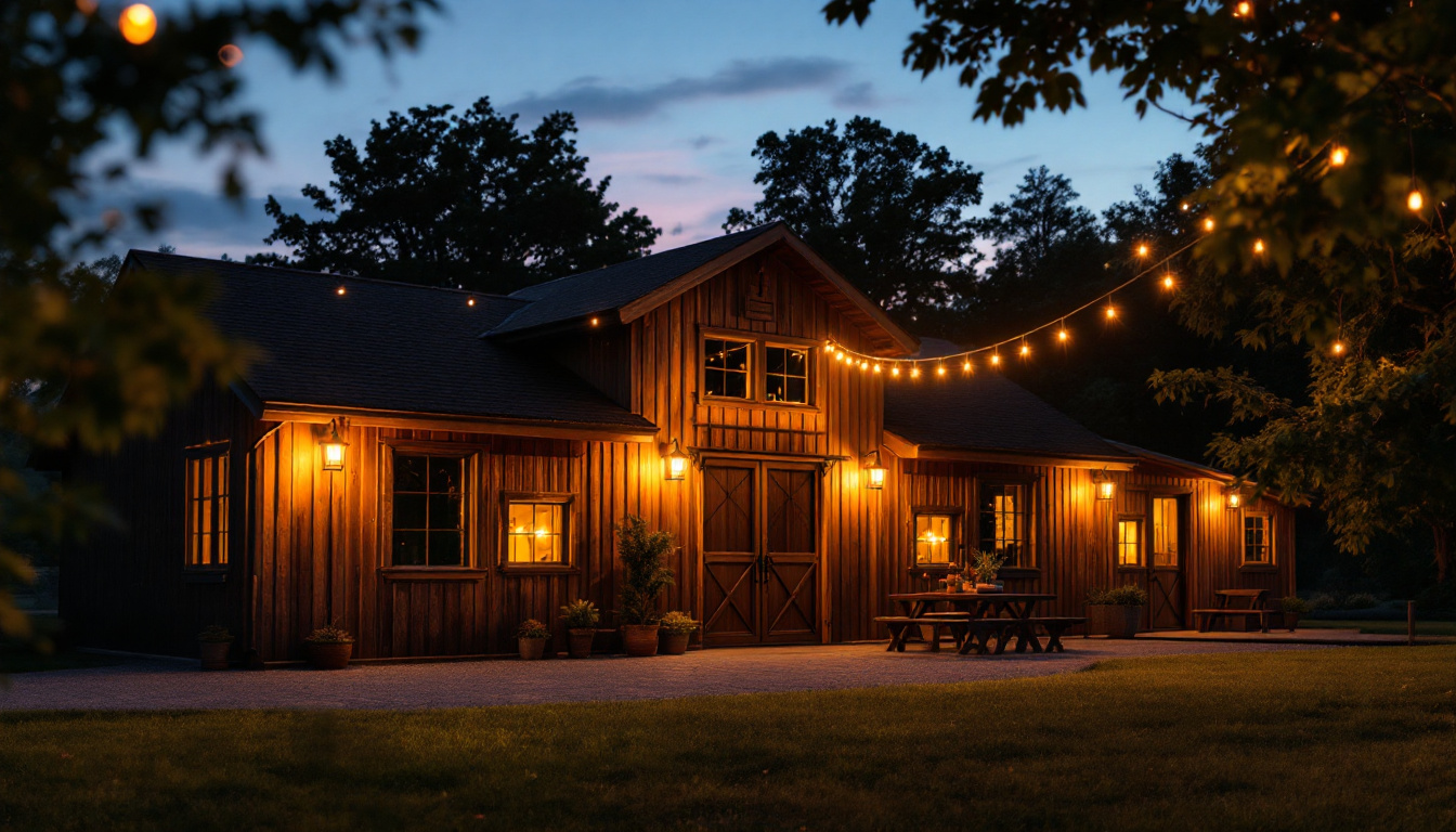 A photograph of a beautifully lit outdoor space featuring stylish led barn lights illuminating a rustic barn or outdoor area at dusk