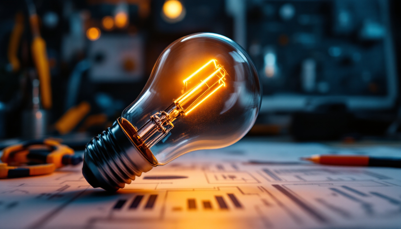A photograph of a close-up shot of a b type light bulb illuminated in a modern electrical engineering workspace