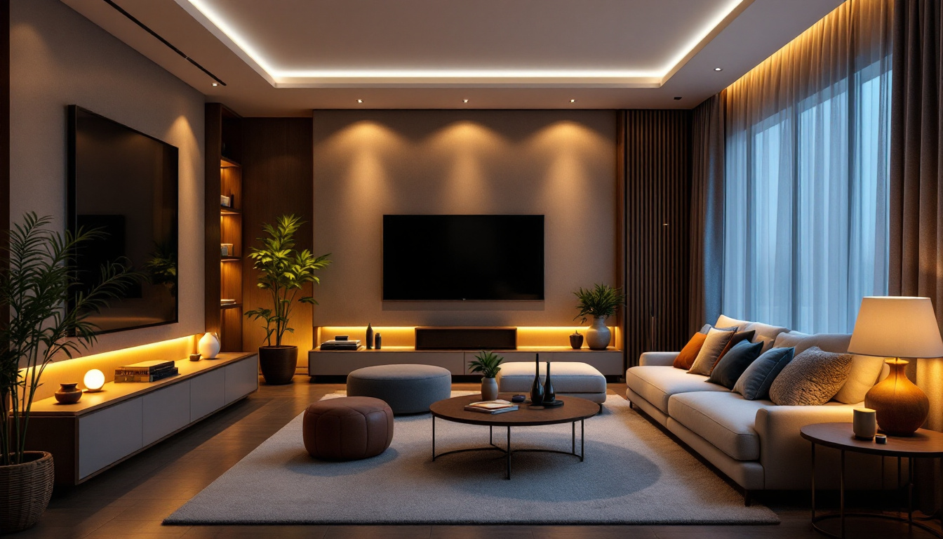 A photograph of a beautifully designed living room featuring recessed lighting