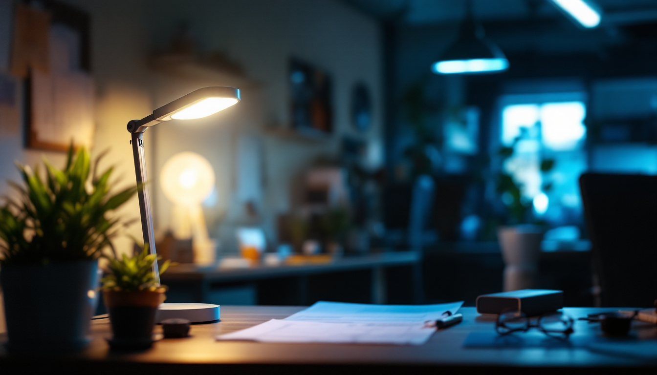 A photograph of a 200-watt led lamp in a well-lit engineering workspace