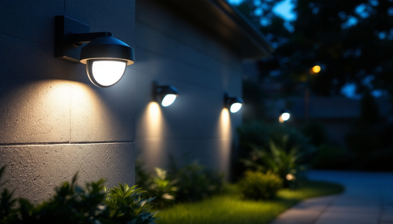 A photograph of a well-lit outdoor area featuring motion-activated security lights in action