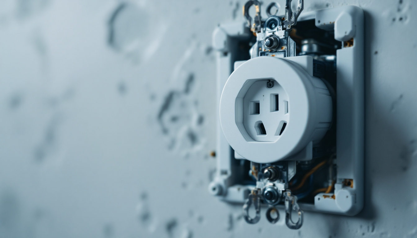 A photograph of a close-up of a wall outlet receptacle with visible wiring and safety features