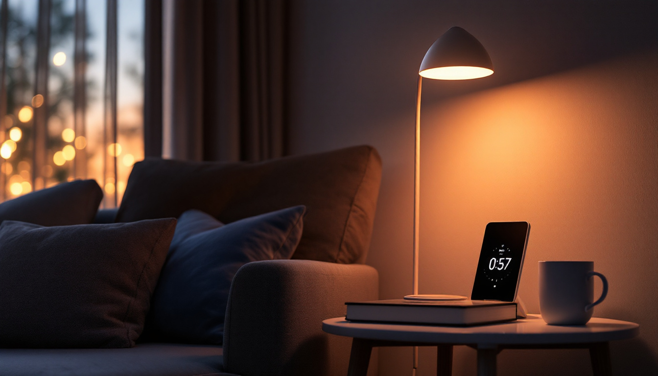 A photograph of a modern living space featuring a stylish lamp equipped with a digital timer