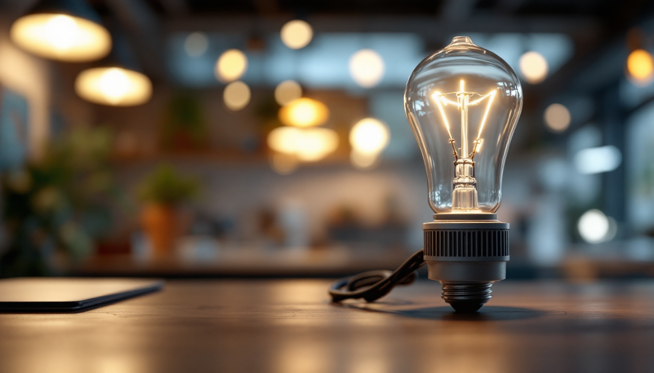 A photograph of a compact fluorescent lamp with its ballast prominently displayed