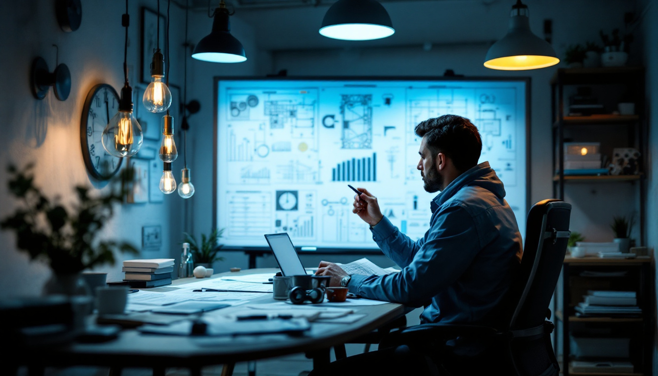 A photograph of a busy electrical engineer working on lighting design plans in an office