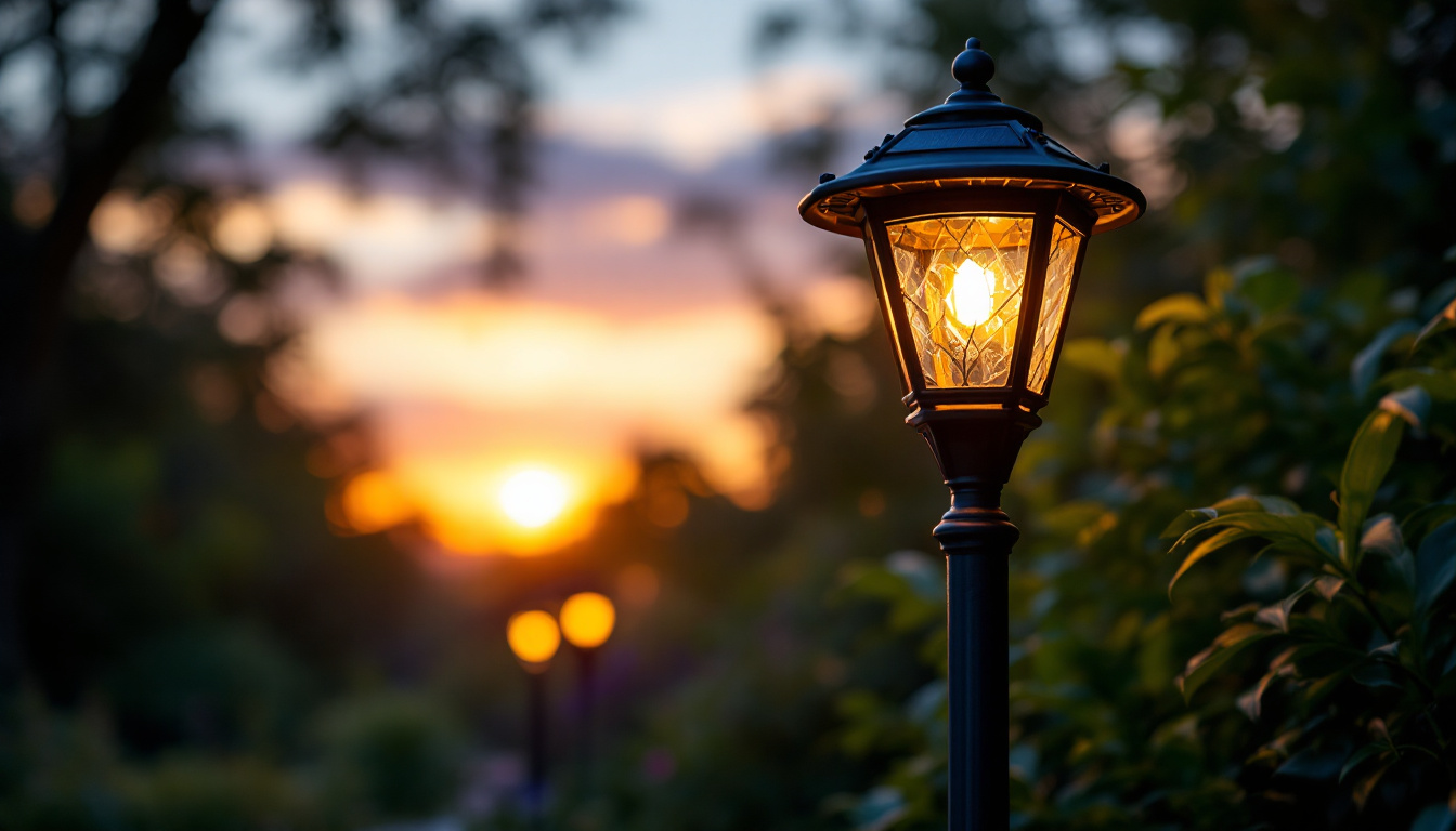 A photograph of capture a photograph of a beautifully illuminated solar yard lamp post in a serene outdoor setting during twilight