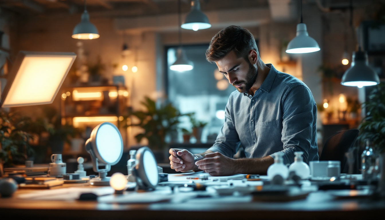 A photograph of a well-lit workspace featuring an electrical engineer examining various led lighting products