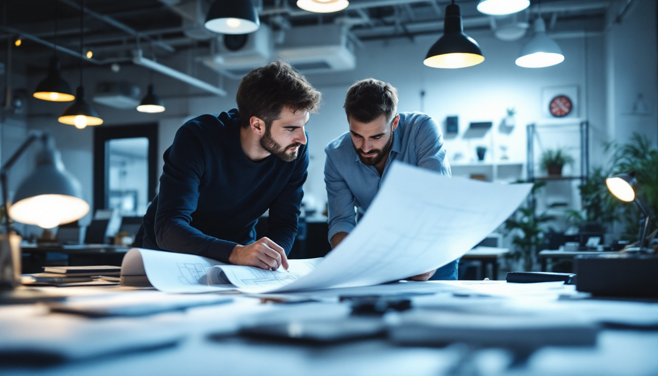 A photograph of a well-lit workspace featuring engineers collaborating over a blueprint or technical drawings related to lighting design