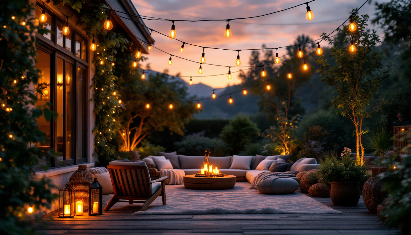 A photograph of a beautifully arranged outdoor scene featuring string lights elegantly draped above a cozy gathering space