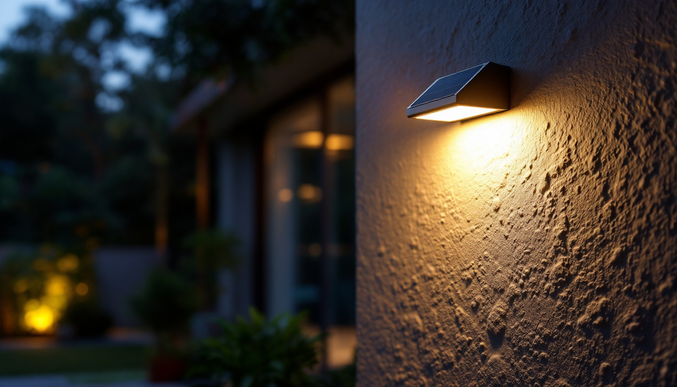 A photograph of a beautifully illuminated outdoor space featuring a solar wall light in action