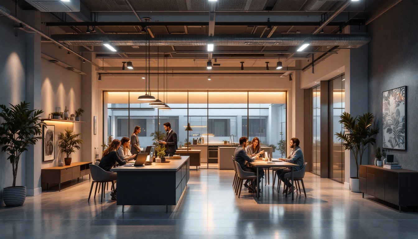 A photograph of a modern commercial space featuring sleek recessed can lights that highlight the design and ambiance of the room