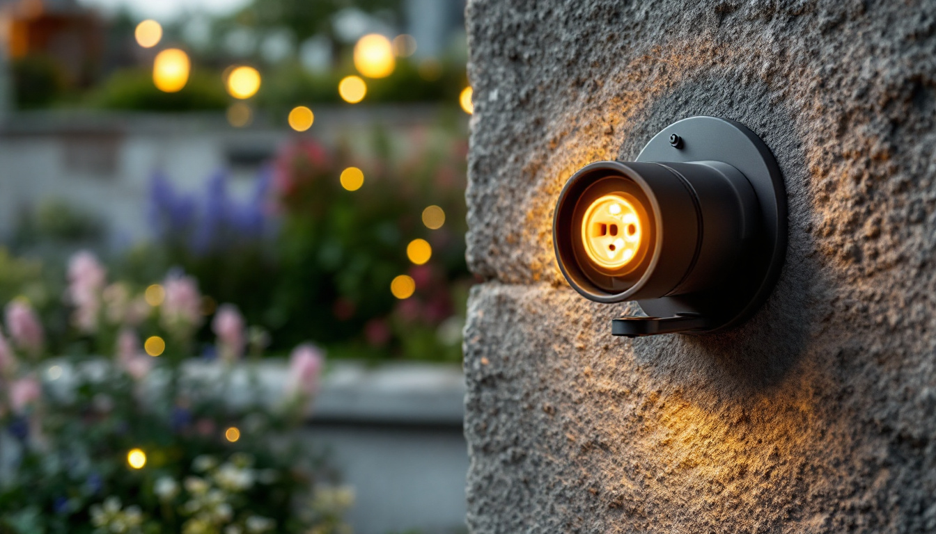 A photograph of a weatherproof outdoor light socket installed in a beautifully landscaped garden setting